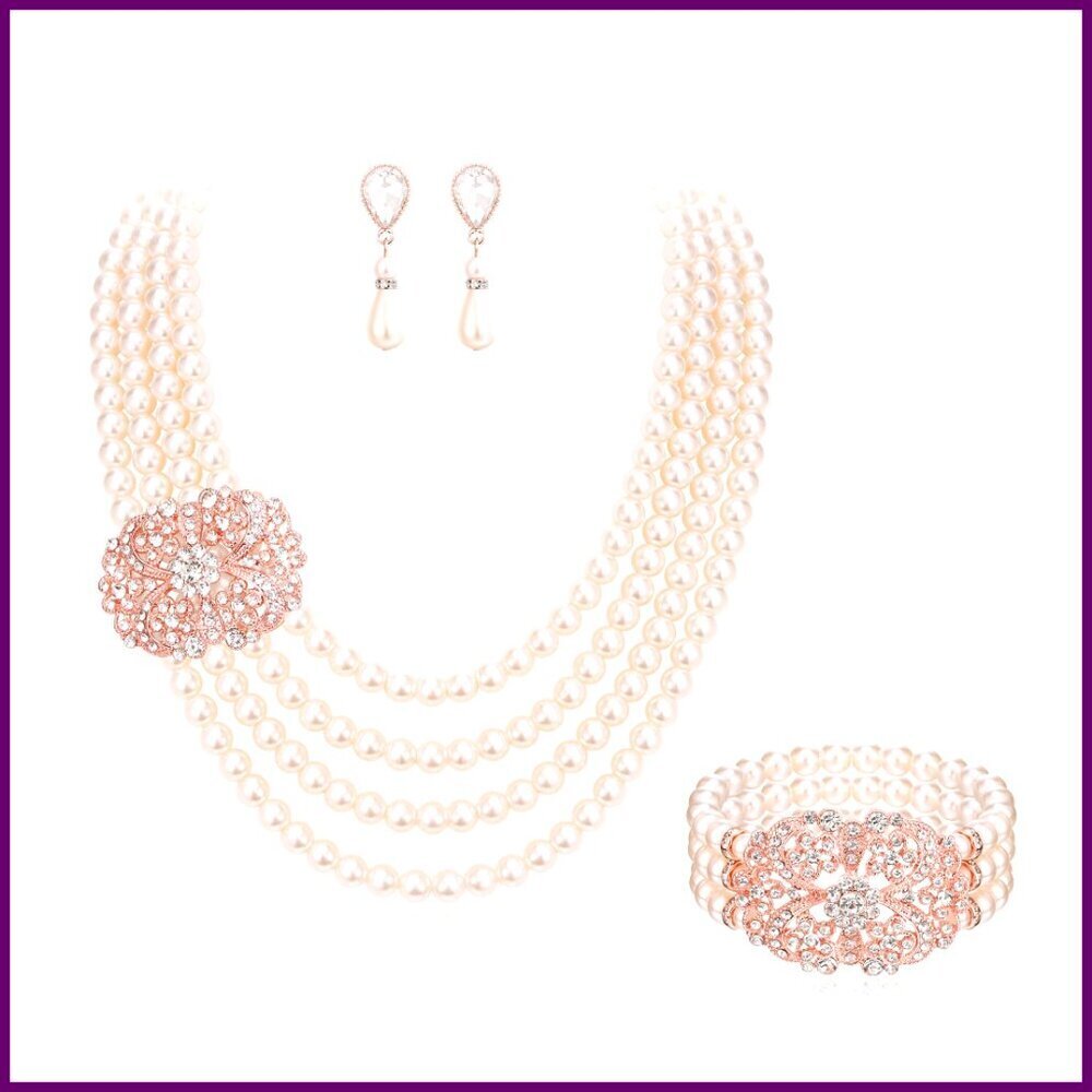 Vintage Pearl Crystal Jewelry Set Adjustable Necklace Earrings Party Formal
